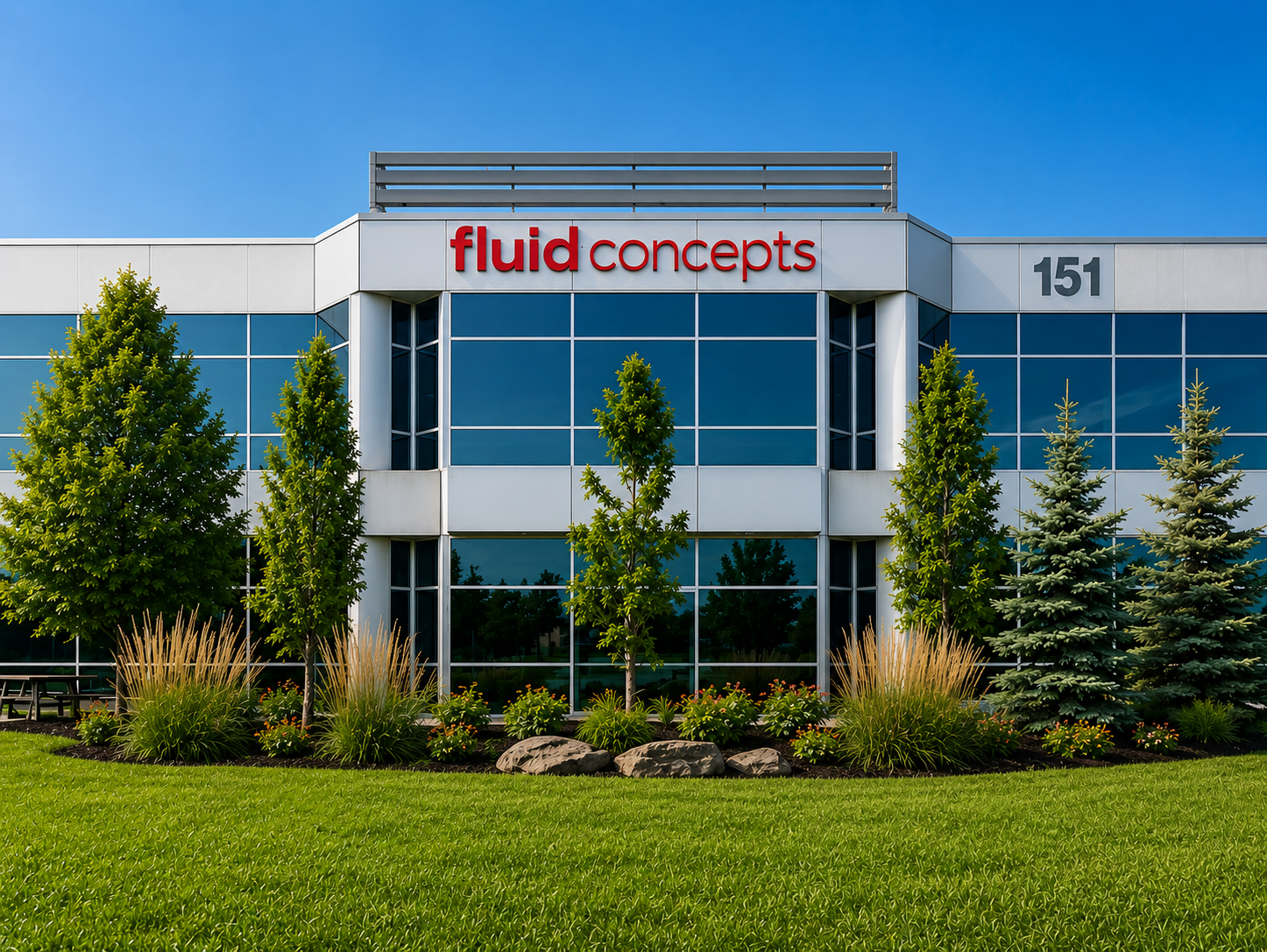 Modern office building with a sign reading 'fluid concepts'. The building has large glass windows, surrounded by landscaped greenery and trees, with a clear blue sky in the background.