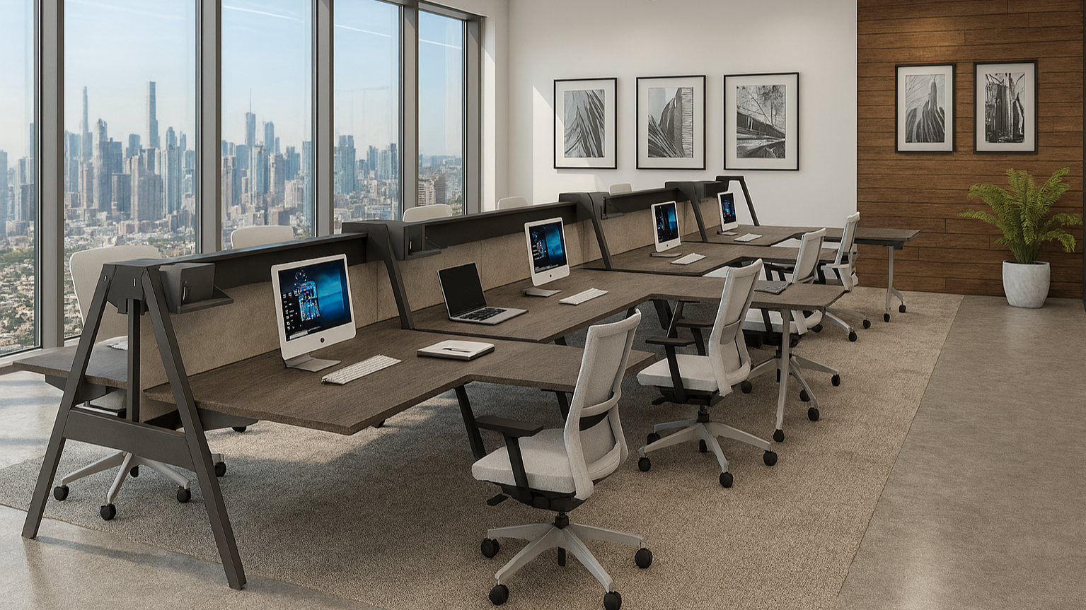 Modern office conference room with a long table, six desktop computers, white office chairs, large windows showcasing a city skyline, framed black and white artwork on white and wood-paneled walls, and a potted plant.