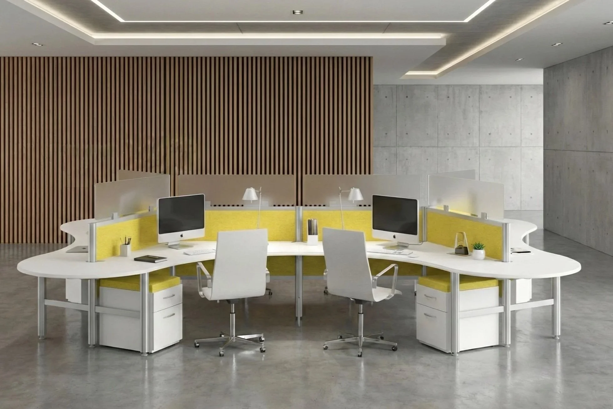 Modern office workspace with a circular desk, multiple white chairs, and computer monitors. The background features a wall with wooden slats and concrete walls with ceiling lighting.