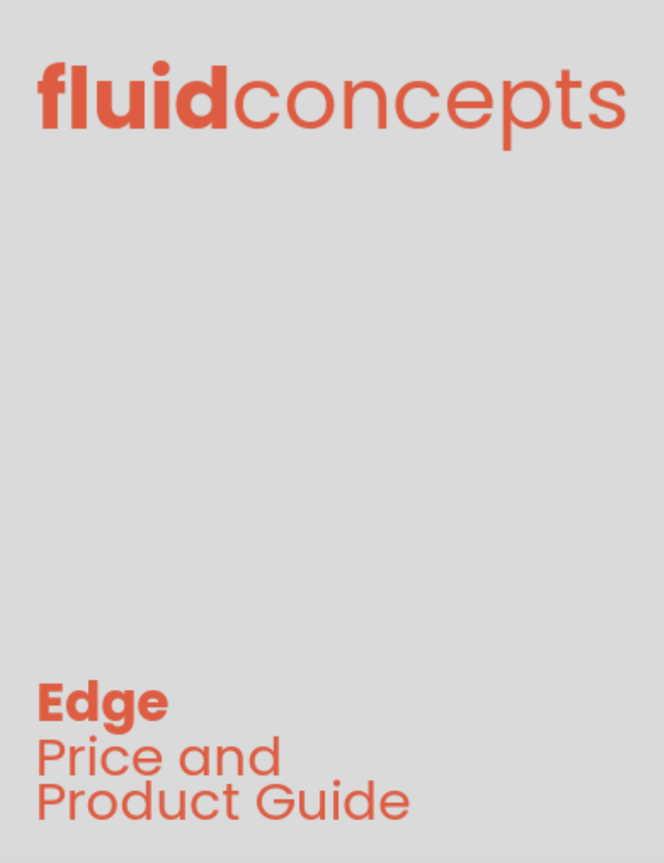 Cover page of a guide titled 'fluidconcepts Edge Price and Product Guide' with a light gray background and red text.