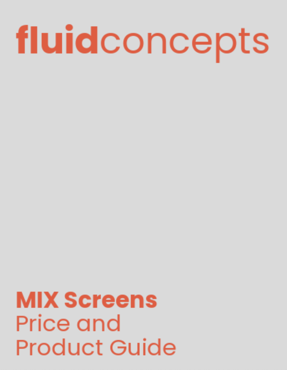 Cover page of a guide titled 'fluidconcepts' with the subtitle 'MIX Screens Price and Product Guide' in red text on a light gray background.