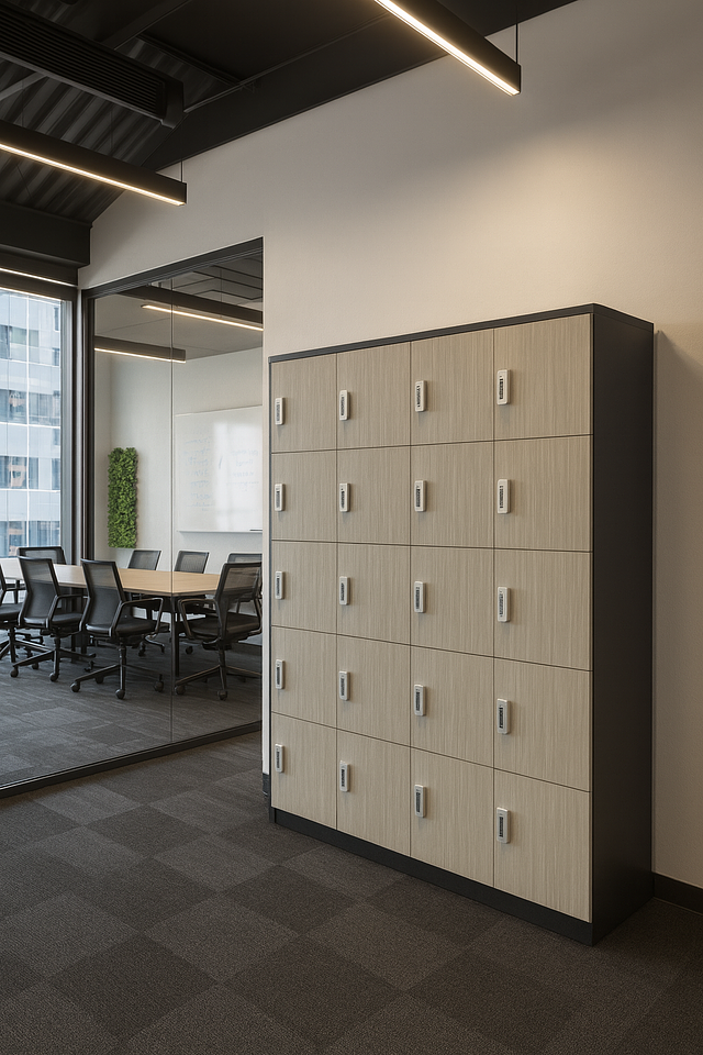 Locker cabinet in a modern office space with a conference room visible in the background.