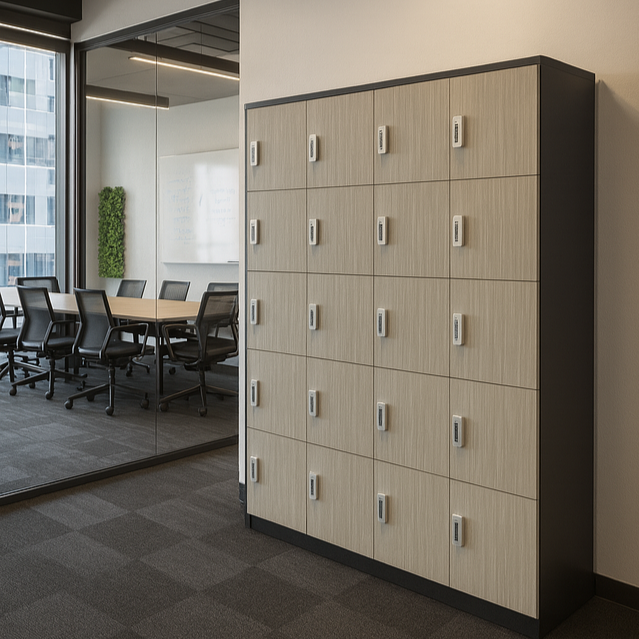 Office locker with multiple compartments and digital locks in a modern conference room.