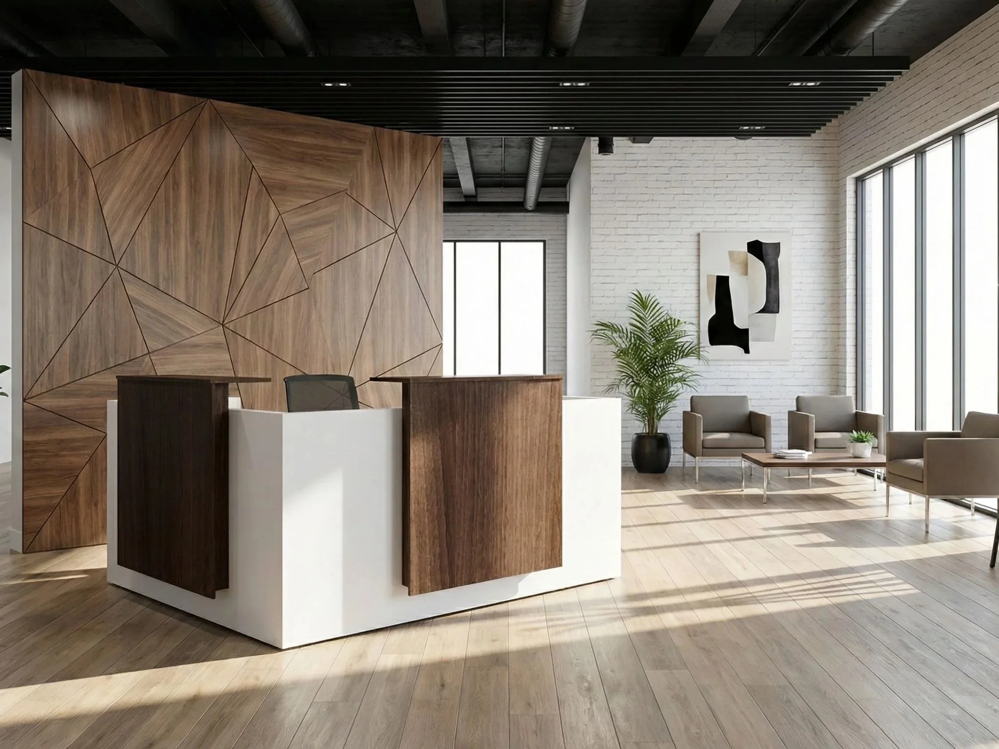 Modern office lobby with a white reception counter, wooden accent wall with geometric patterns, large windows, and seating area with chairs and a coffee table.