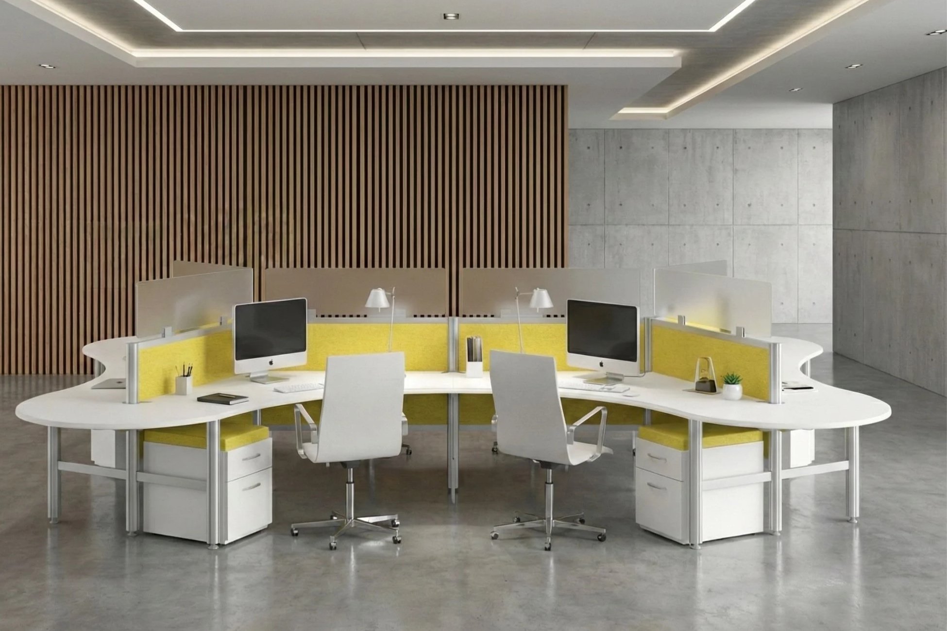Modern open office workspace with multiple white desks arranged in a circle, equipped with desktop computers, chairs, and yellow fabric partitions. The background features a wooden slatted wall and gray concrete walls with minimal overhead lighting.