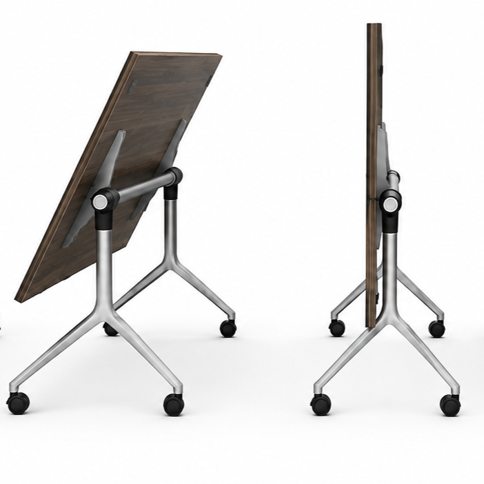 Two portable whiteboards with wooden surfaces on metal stands with wheels, shown from different angles.