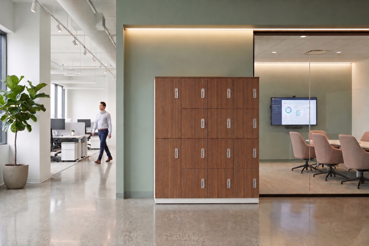 Modern office interior with wooden lockers, glass partition, conference room with pink chairs, desk area with a man walking, large plant, and a digital display on the wall.