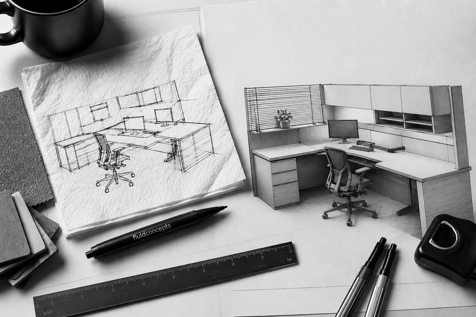 A desk with an architect's drawing of an office space, a real office model, and design tools including pens, a ruler, and a tape measure.