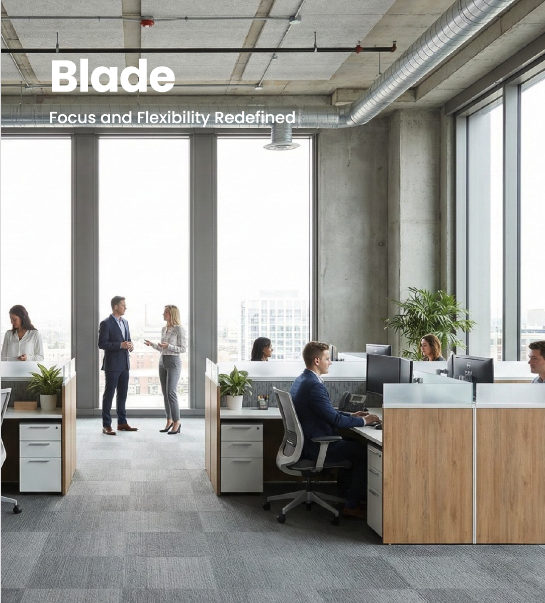 Modern office with glass walls, employees working at desks with computers, and people talking in the background near large windows and indoor plants.