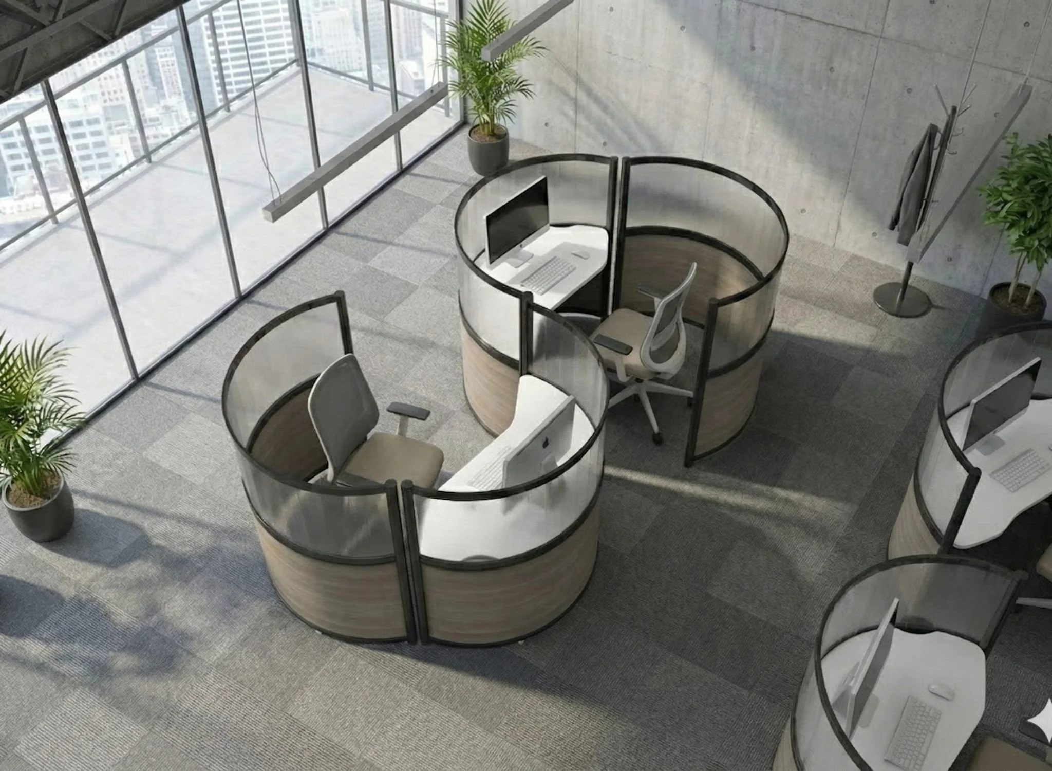 An office space with a circular workspace containing a computer, keyboard, and mouse, surrounded by a clear curved divider. There are potted plants on the floor and floor-to-ceiling windows showing a cityscape.