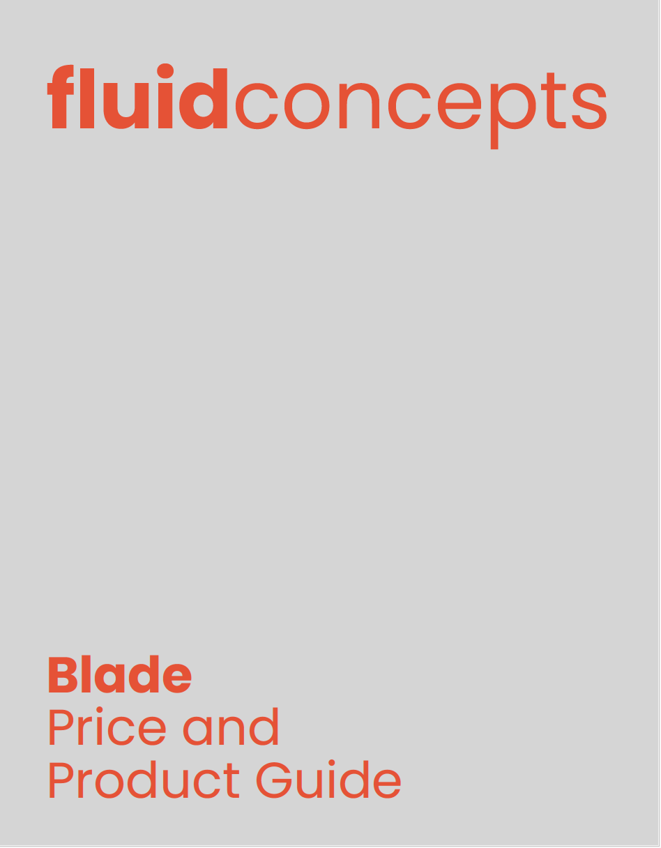 A book cover titled 'fluidconcepts Blade Price and Product Guide' in red text on a gray background.