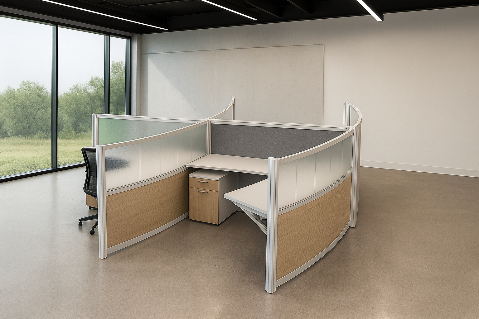 Empty office cubicles with beige and white panels, small wooden filing cabinet, black office chair, large window overlooking green trees, modern ceiling lights, minimal decor.
