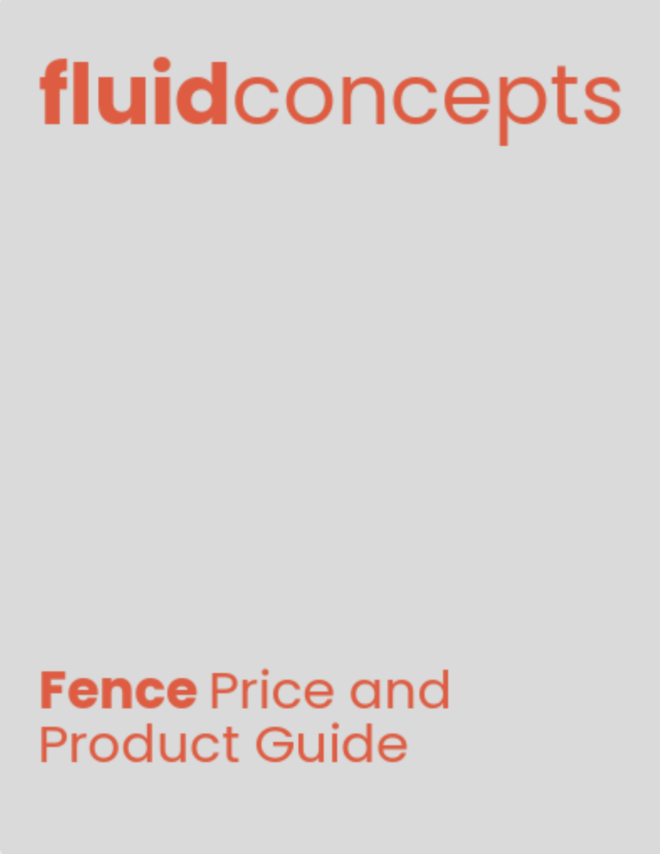 Cover page of a guide titled 'fluidconcepts' with subtitle 'Fence Price and Product Guide' in red text on a gray background.