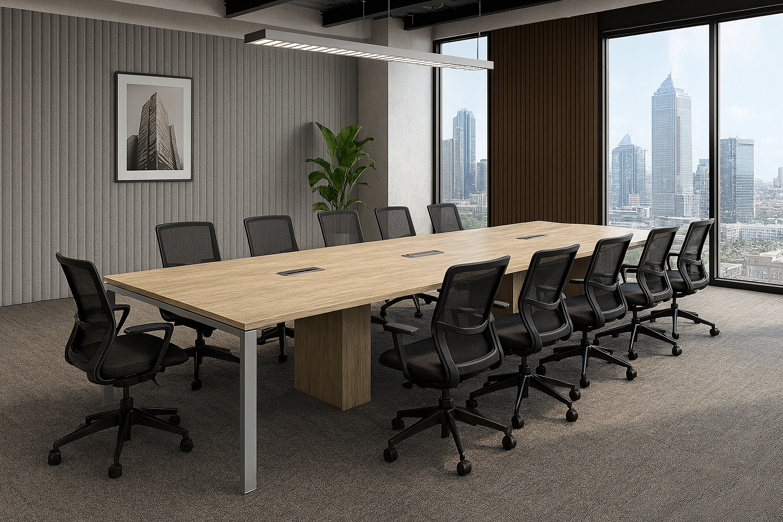 Empty modern conference room with a large wooden table surrounded by black office chairs, large windows with city skyline view, framed black-and-white photo of a skyscraper on the wall, green plant in corner, and contemporary lighting fixture.