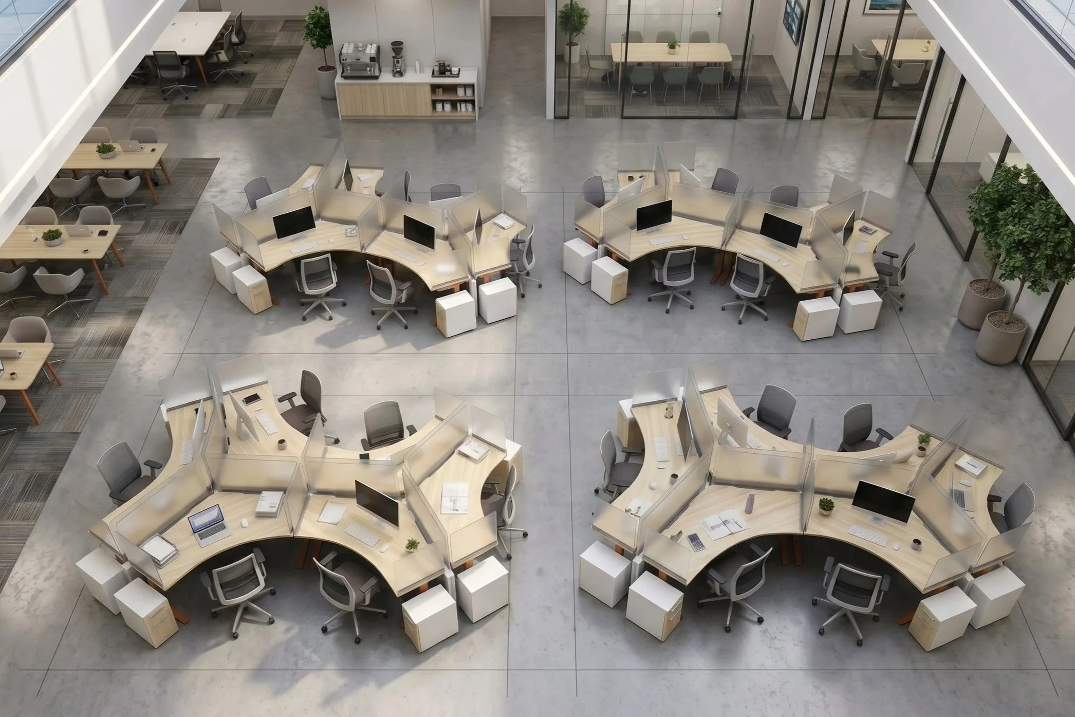 Aerial view of an open office space with multiple workstations, shared meeting rooms, a common area with tables and chairs, a coffee station, and large windows allowing natural light.