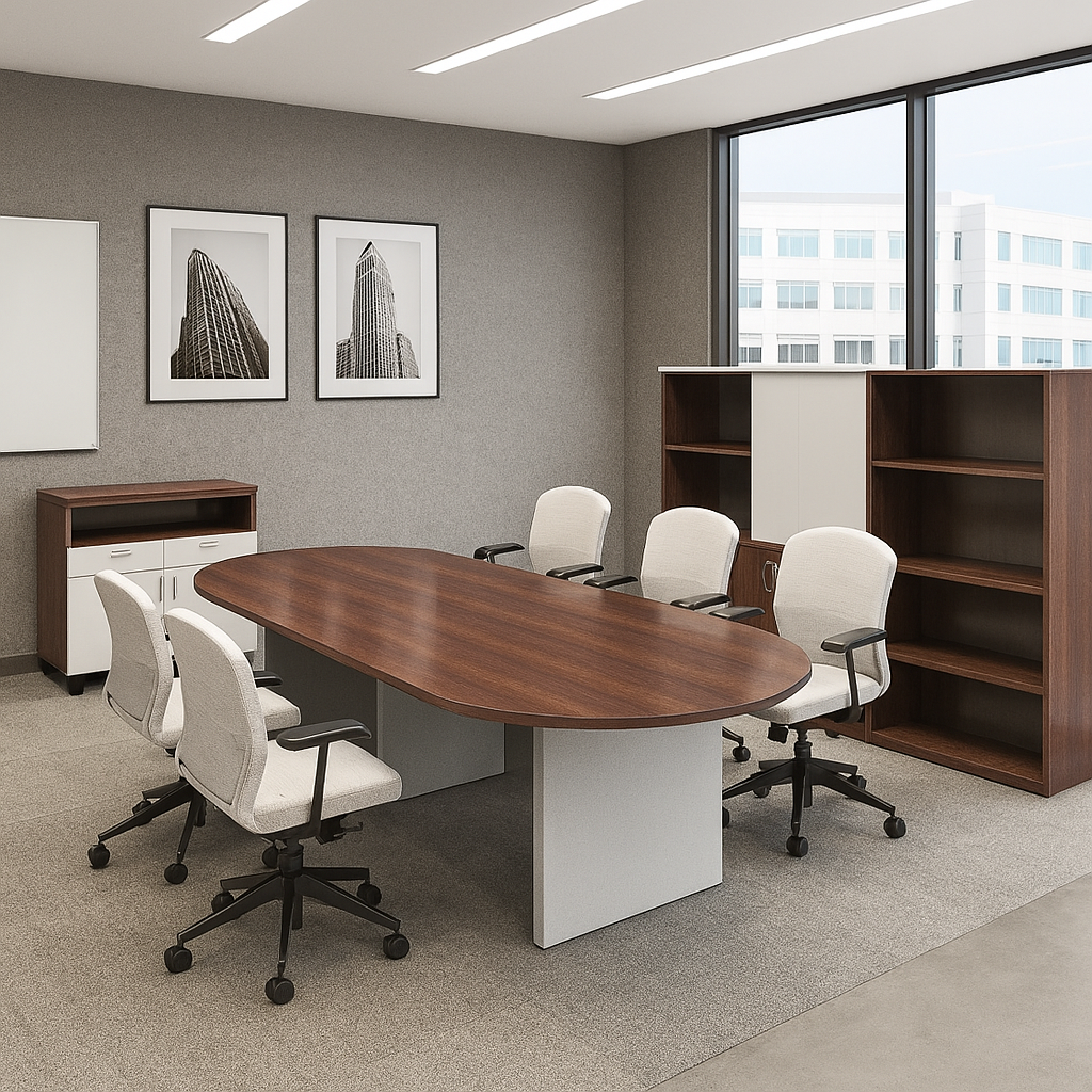 Empty modern conference room with a wooden oval table surrounded by six white office chairs, a cabinet against the gray wall, framed black-and-white skyscraper photos, large windows showing a cityscape.