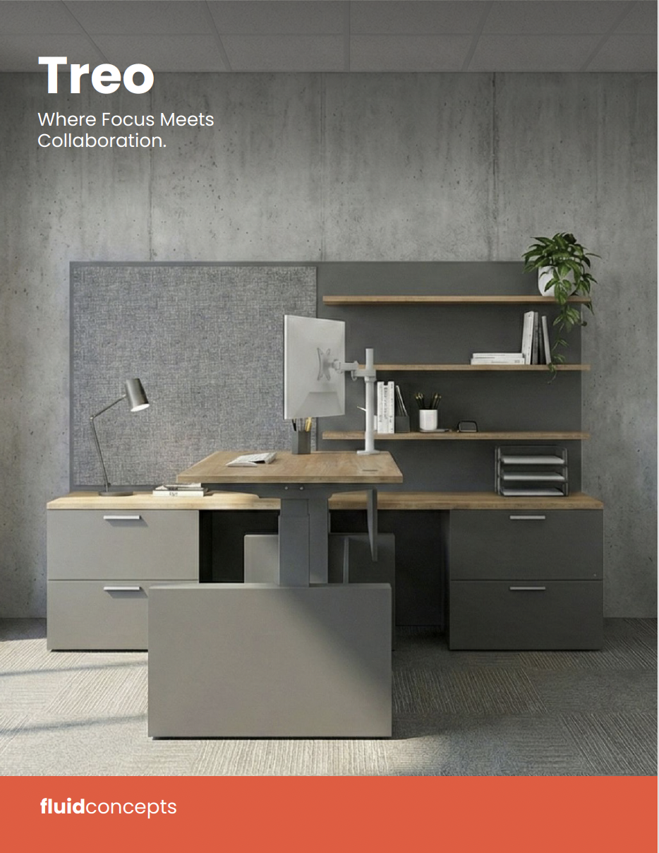 Modern office workspace with a desk, computer monitor, desk lamp, shelves with books and plant, set against a concrete wall.