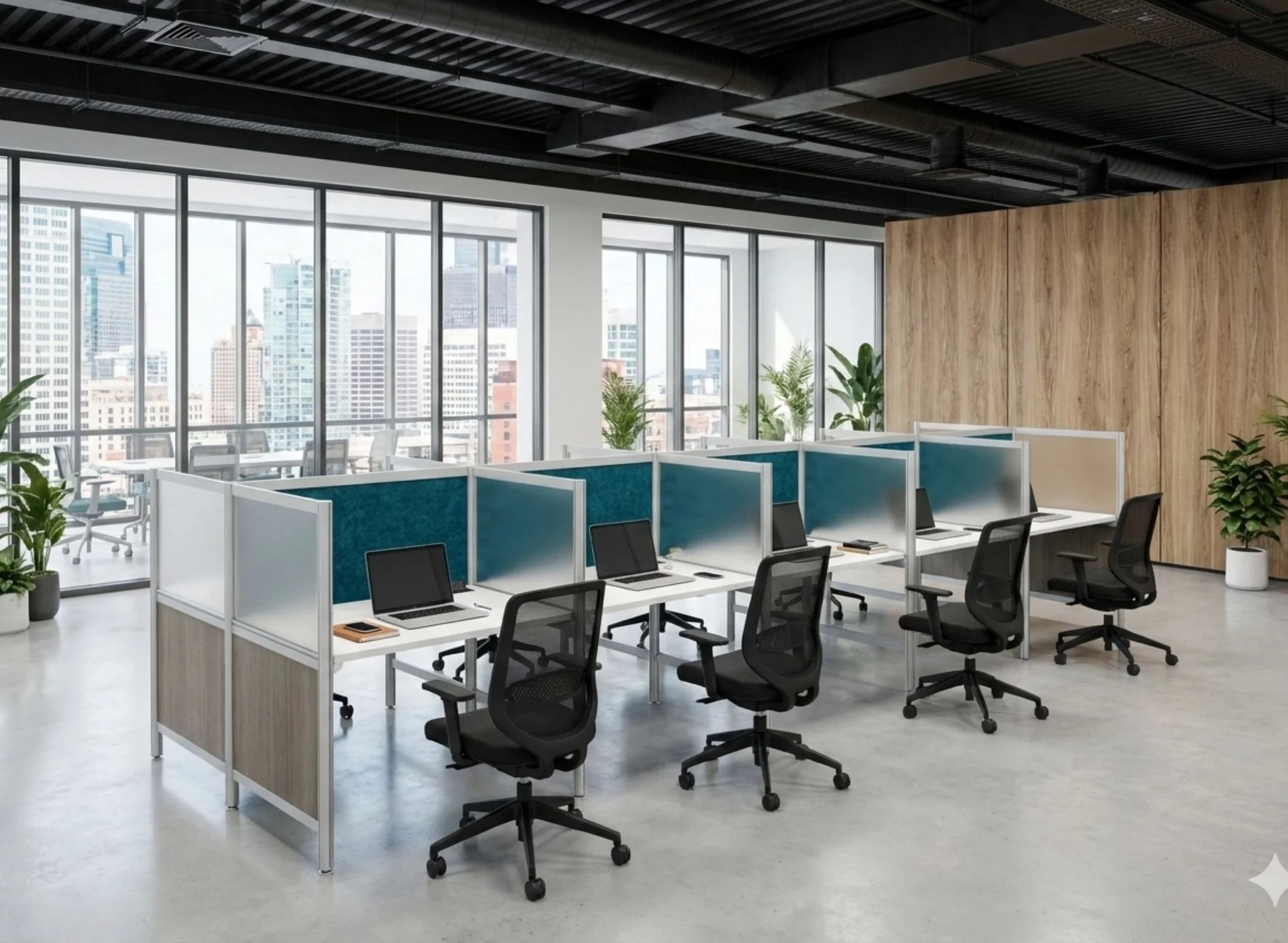 Modern open-plan office with rows of desks, each equipped with a laptop, in front of large windows showing a city skyline.