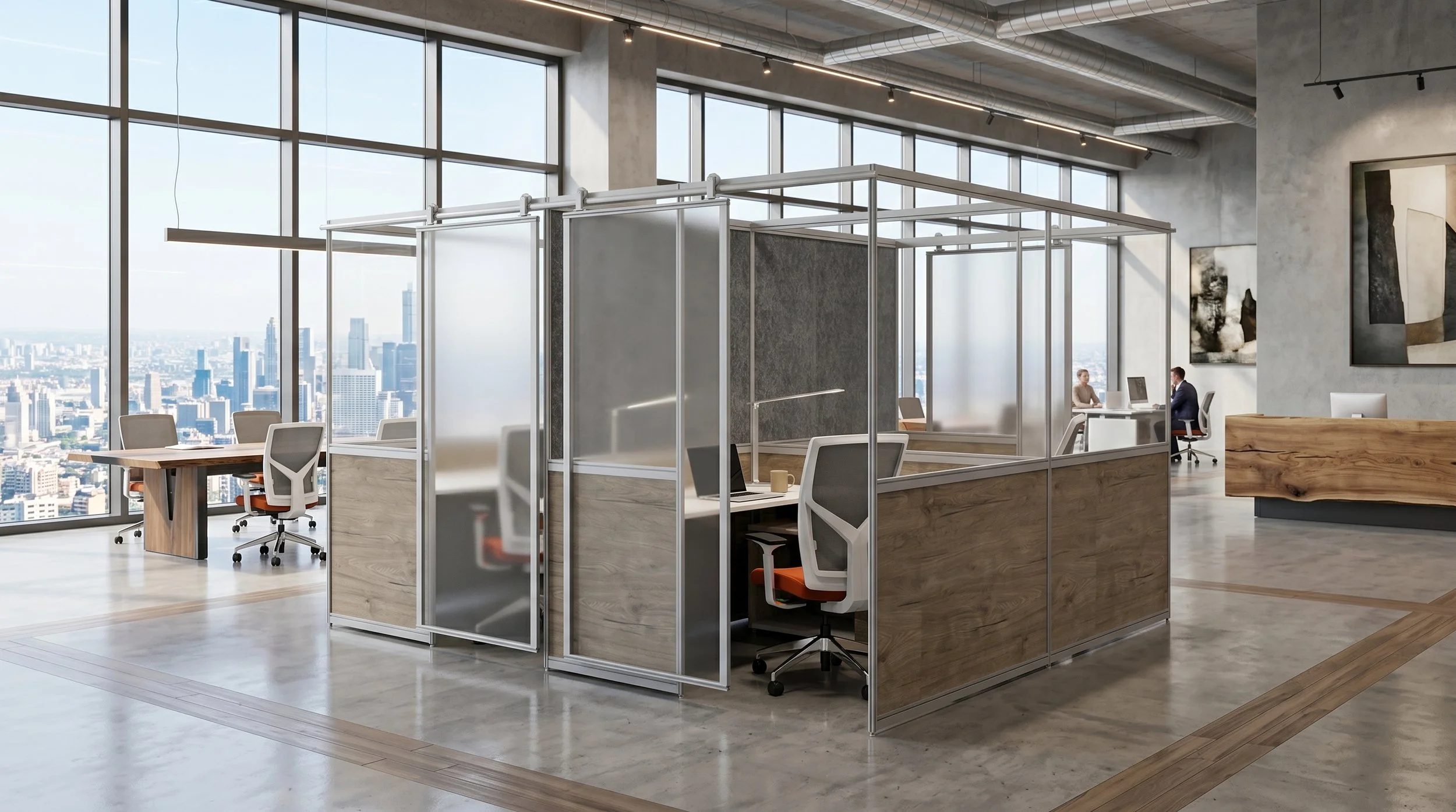 Modern office space with glass walls, city skyline view, open seating area with workstations, minimalistic decor, and abstract wall art.
