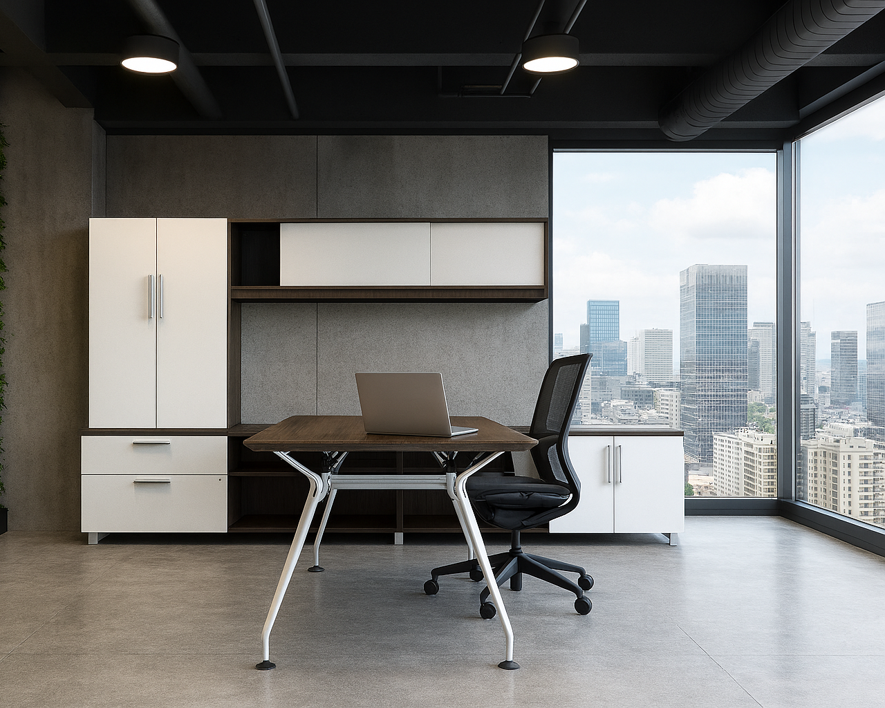 Modern office with a wooden desk, black office chair, and city skyline view through large windows.