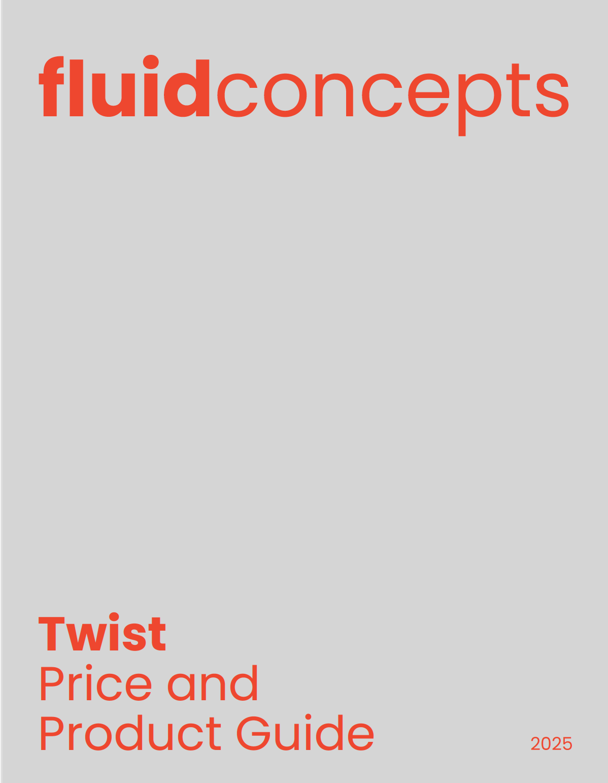 Cover page of a guide titled 'fluidconcepts' with a subtitle 'Twist Price and Product Guide 2025' in red text on a grey background.