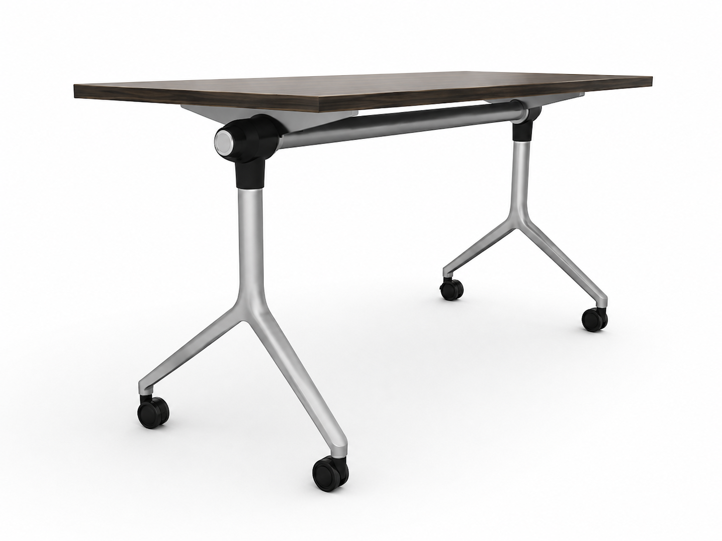 Modern office desk with a wooden top, silver metal legs, and black caster wheels, isolated on a white background.