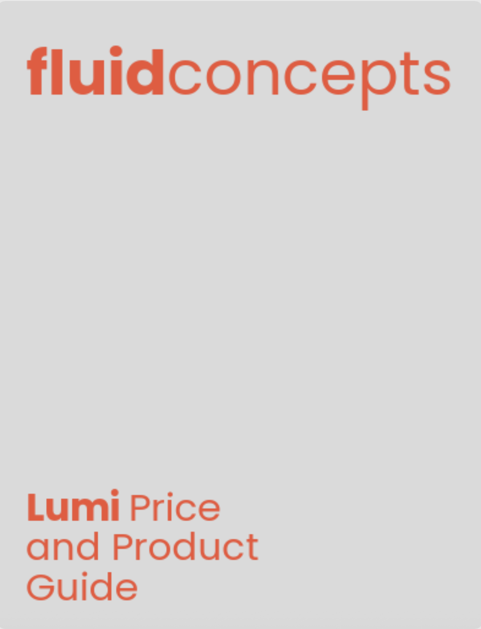 Cover page of a guide titled 'Lumi Price and Product Guide' with the logo 'fluid concepts' at the top.