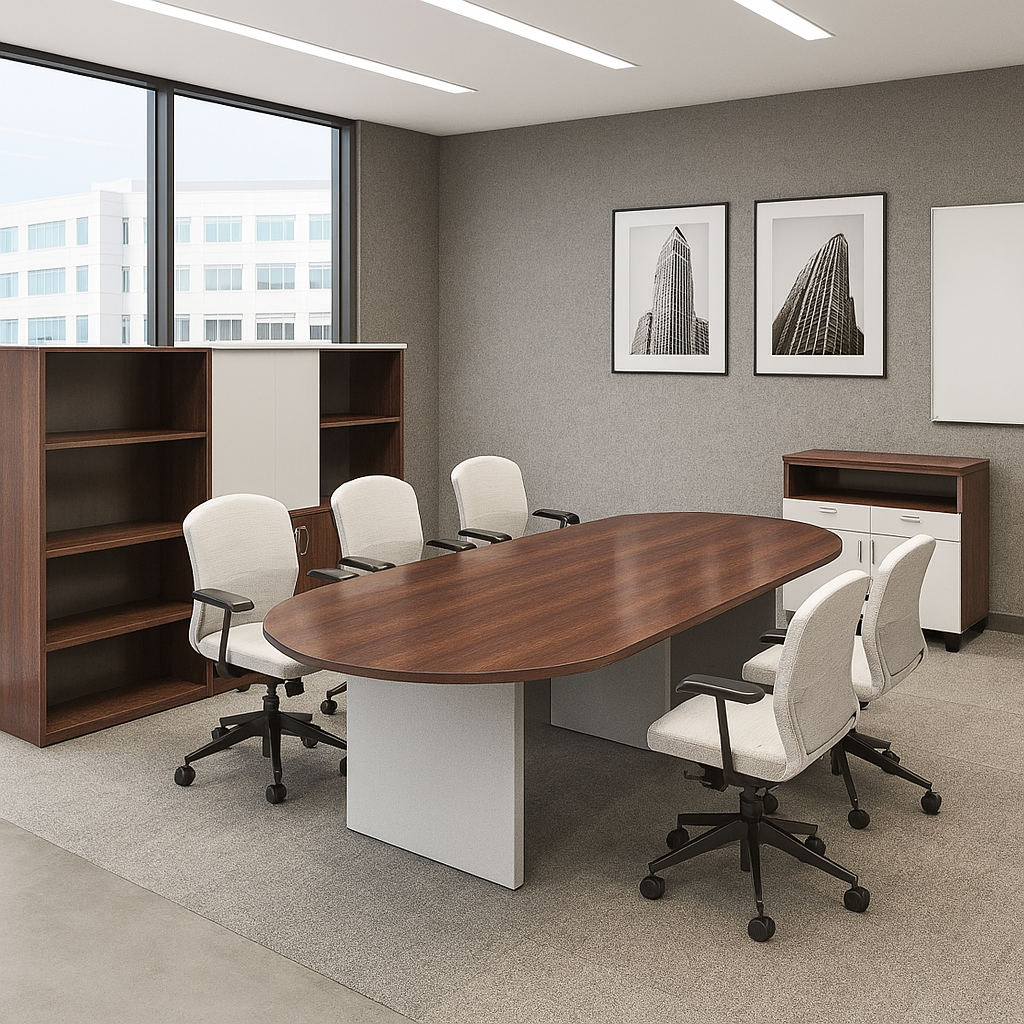 An empty conference room with a large wooden table, six white office chairs with armrests, a wooden bookshelf, and a small cabinet. There are three framed black-and-white architectural photos on the gray wall and large windows showing a modern building outside.