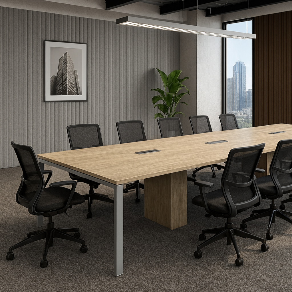 A modern conference room with a long wooden table, black office chairs, a potted plant, and a black and white photo of a skyscraper on the wall. Large windows reveal a city skyline.