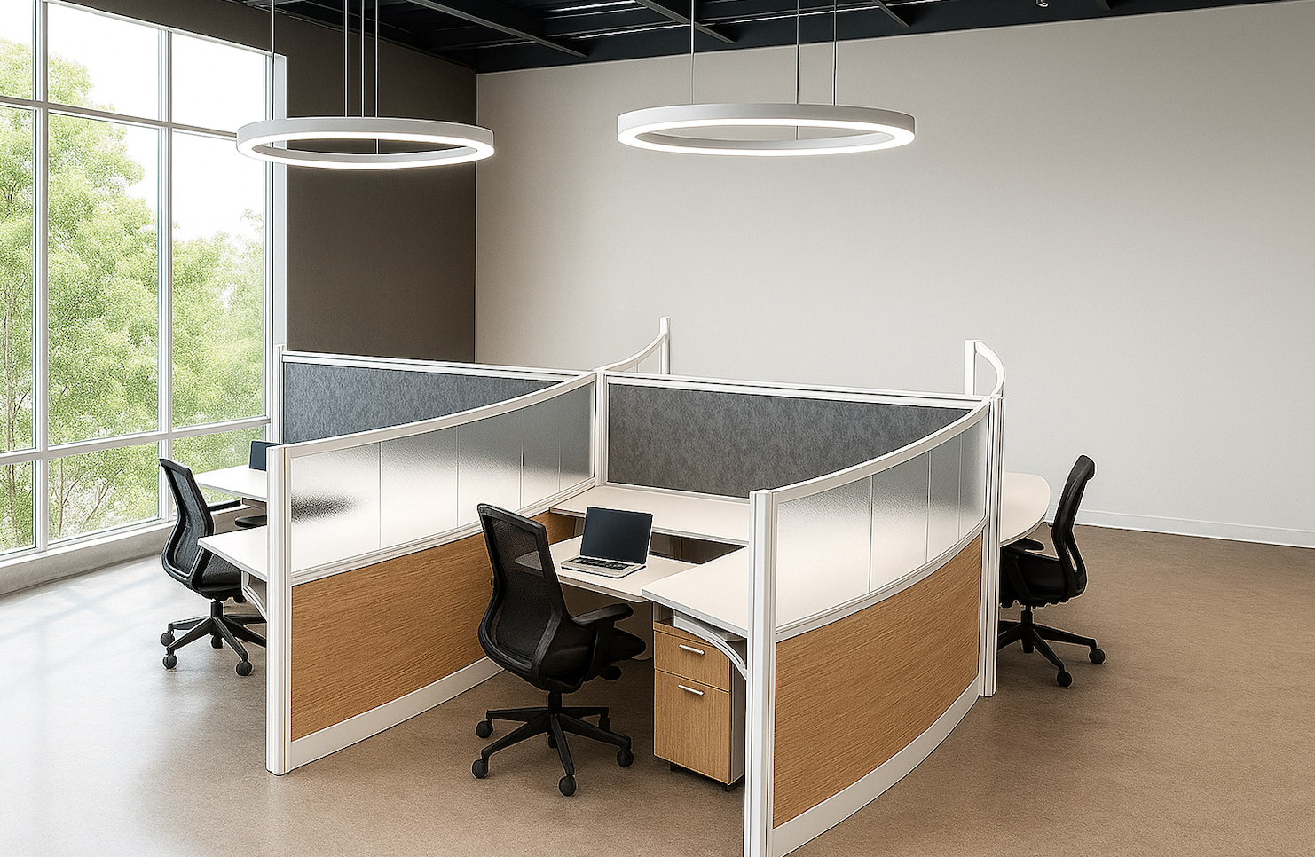 Empty modern office cubicles with black chairs, a laptop, a wooden cabinet, large windows with view of trees, and circular ceiling lights.