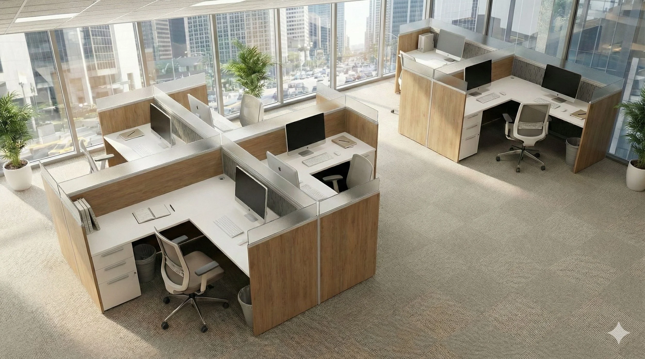 Office space with multiple workstations separated by wooden partitions, large windows showing a cityscape with tall buildings, and potted plants in the corners.