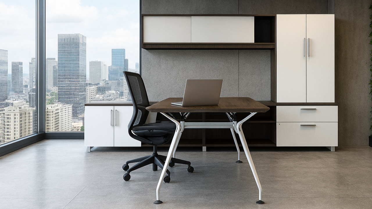 Modern office with a wooden desk and black office chair, a laptop on the desk, large window with a view of a city skyline with tall buildings