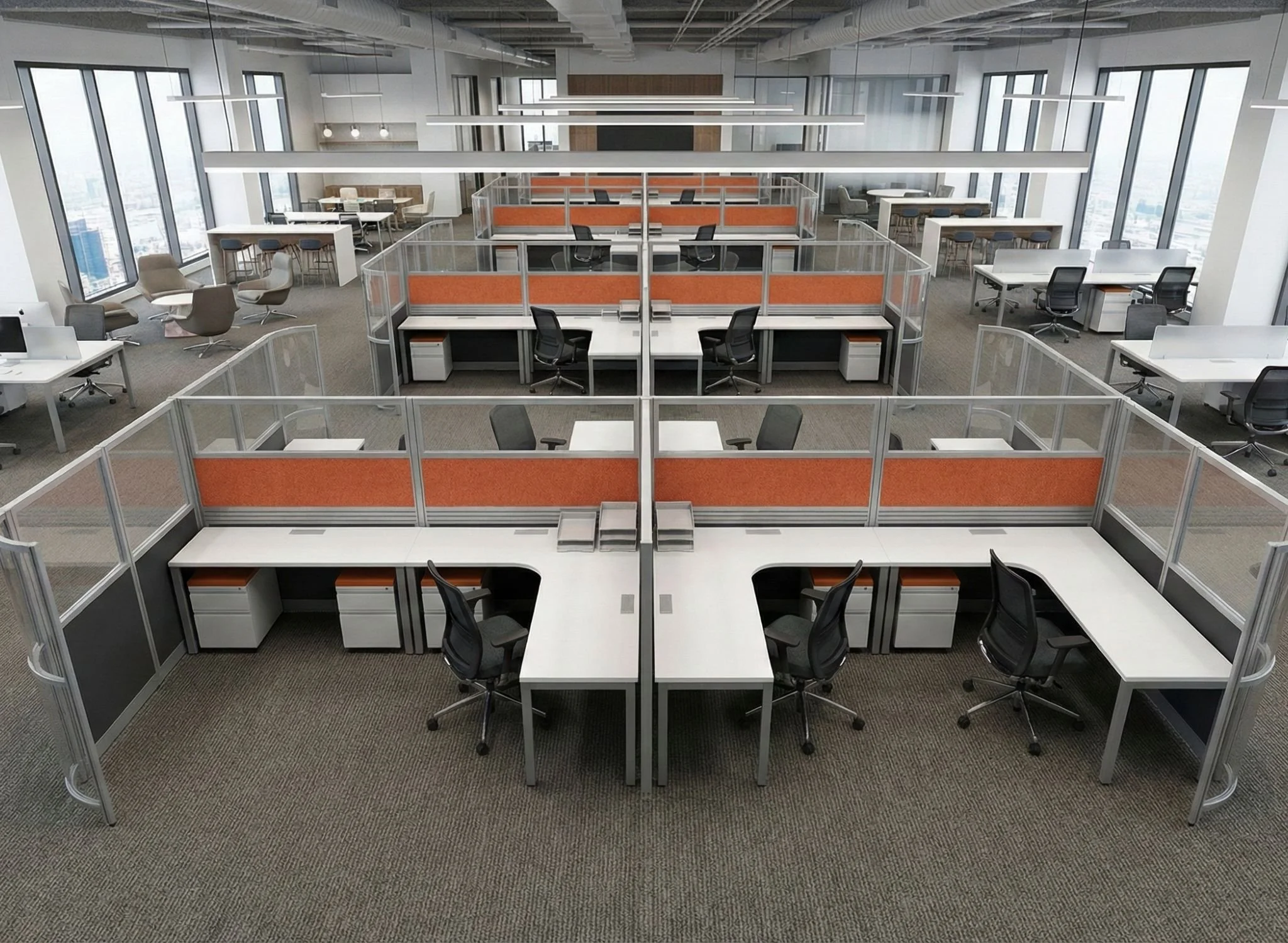 Modern open-plan office with cubicles, desks, chairs, large windows, and city view.
