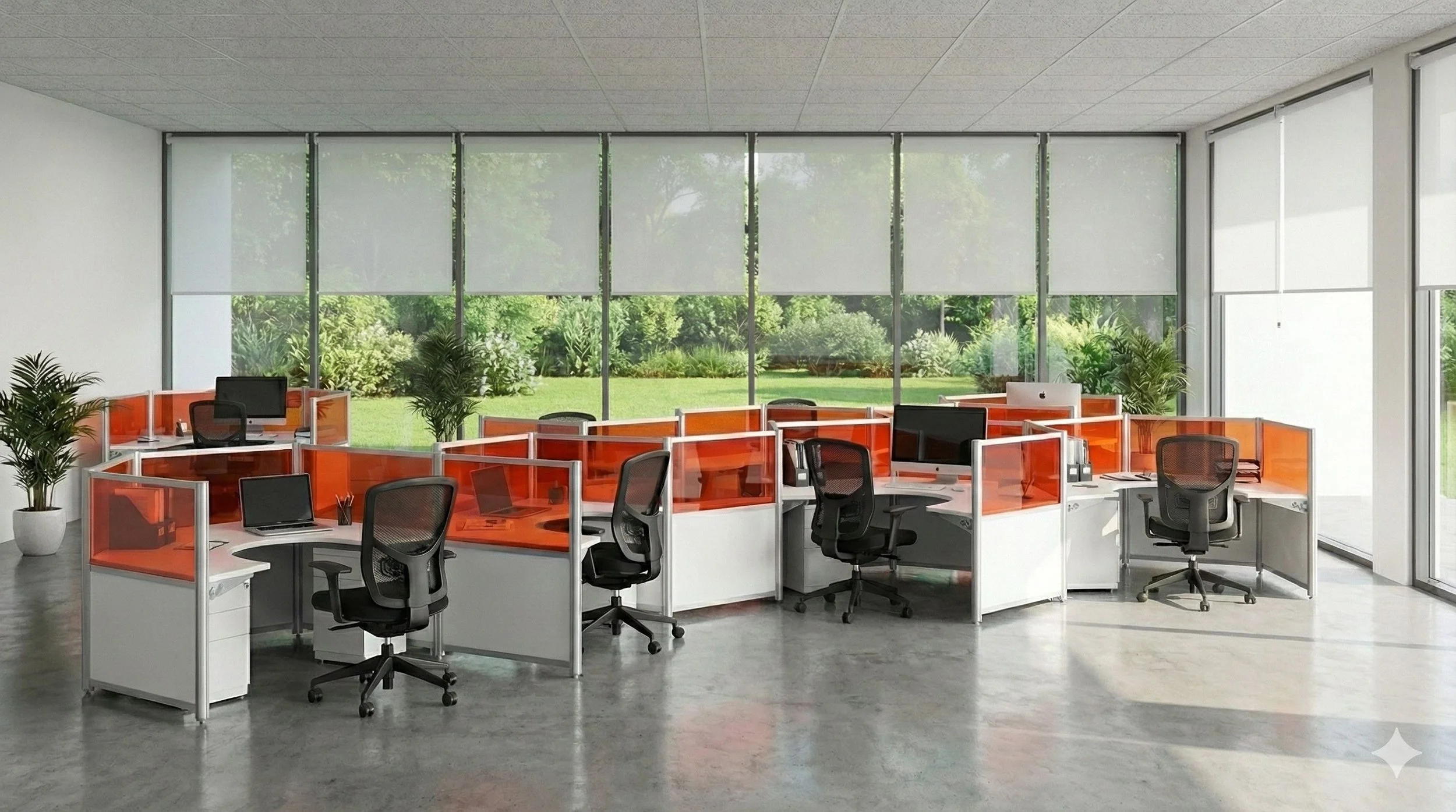 Empty modern office with desks, black chairs, computers, and potted plants, with large windows showing a green outdoor landscape.