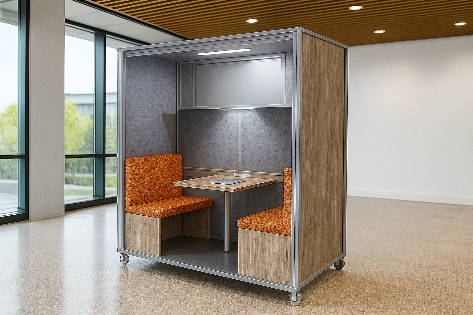 Modern study pod with orange upholstered seats, a small wooden table, and gray interior panels, situated in a spacious, well-lit modern building with large windows.