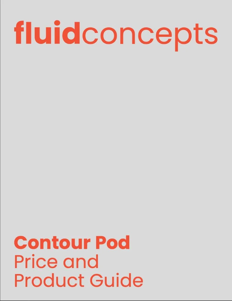 Cover page of a guide titled 'Fluidconcepts Contour Pod Price and Product Guide' with orange text on a light gray background.