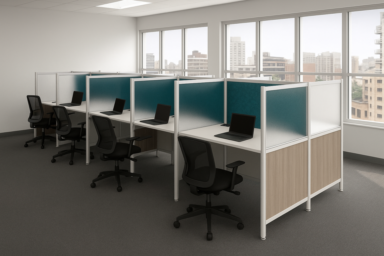 Empty office cubicles with laptops, black office chairs, large windows with cityscape view.