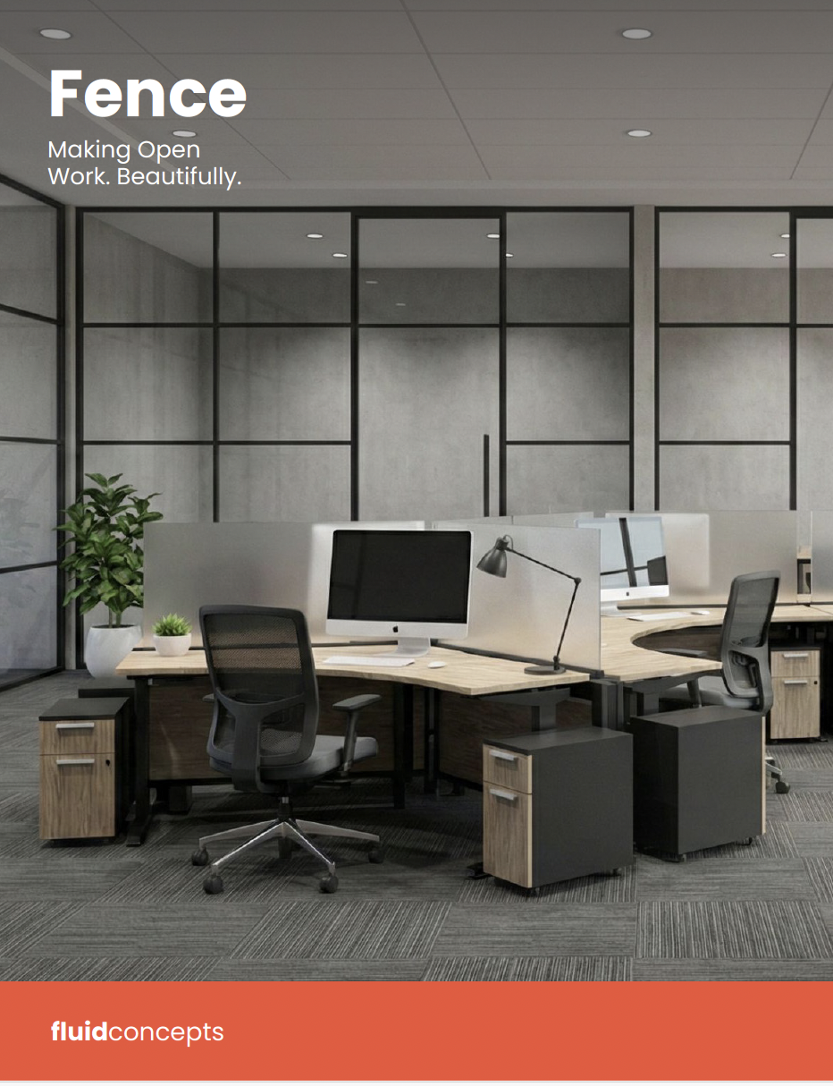 Modern office workspace with four desks, two computer monitors, black ergonomic chairs, a desk lamp, potted plants, and glass partition walls.