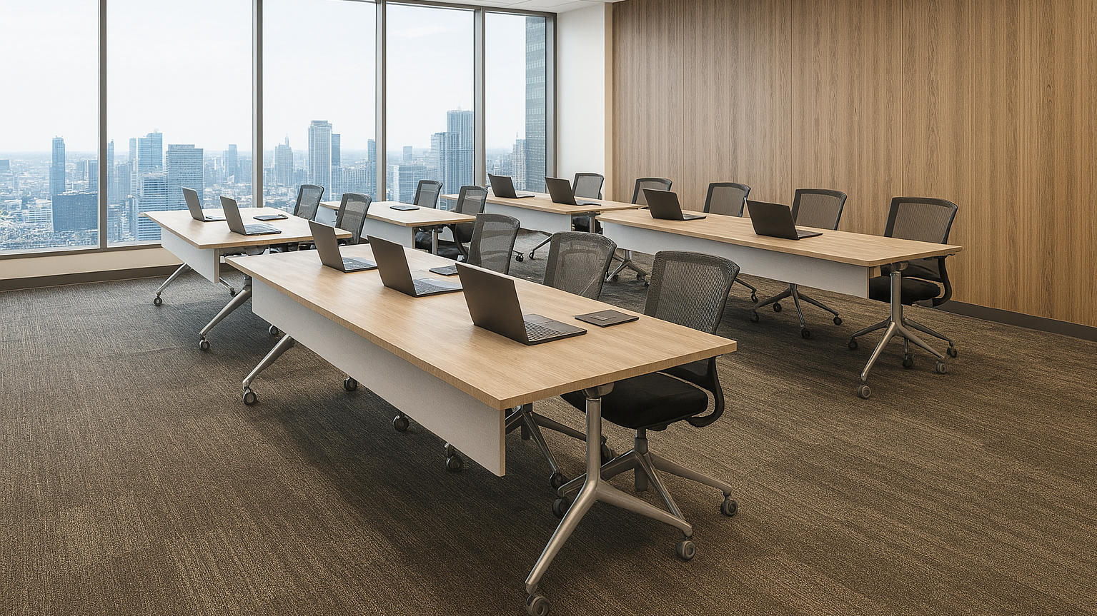 Empty modern conference room with wooden tables, black mesh chairs, laptops, a conference phone, and a cityscape view outside large glass windows.