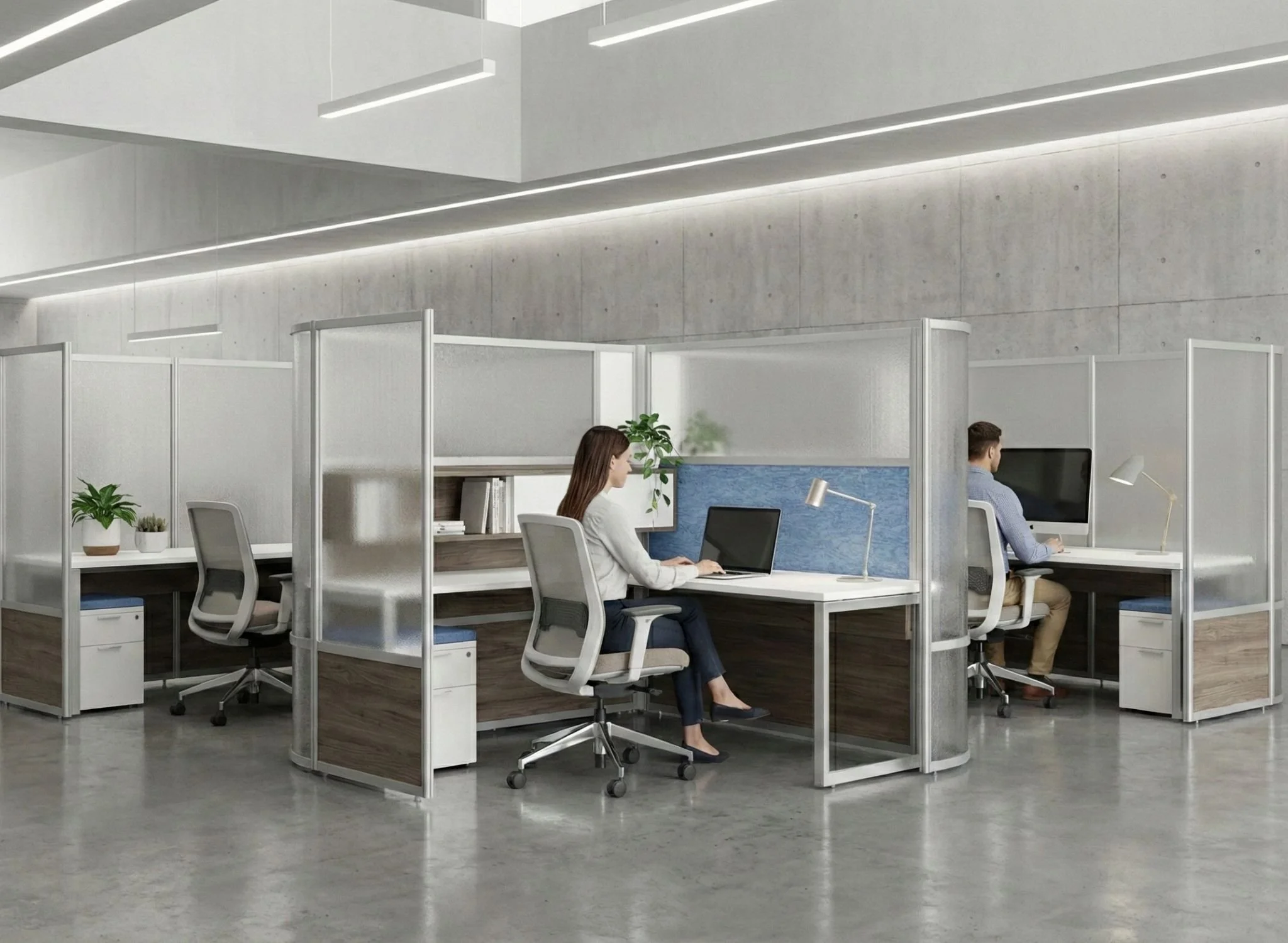Modern open-plan office with partitioned workstations, two employees working on laptops and desktop computers, potted plants, and minimalist lighting and decor.
