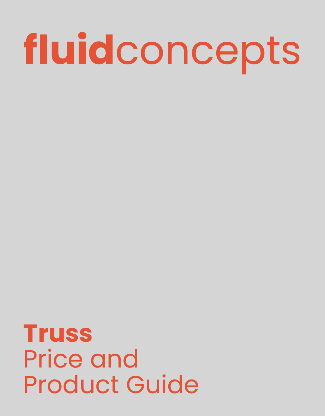 Cover page with the title 'fluidconcepts' and subtitle 'Truss Price and Product Guide' in red text on a light gray background.