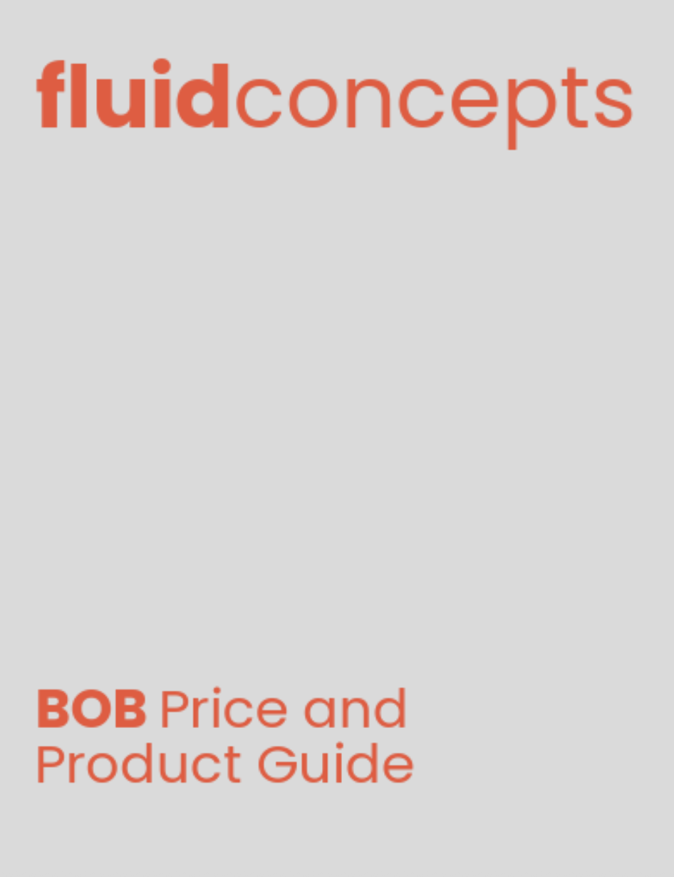 Cover page of a guide titled 'fluidconcepts BOB Price and Product Guide' with a gray background and red text.