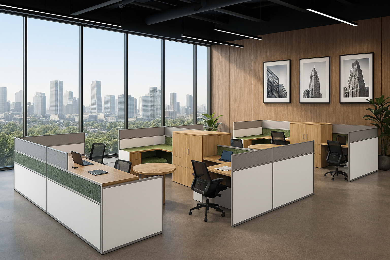 Modern office space with several workstations, black office chairs, laptops, and a small round table, surrounded by large floor-to-ceiling windows showing a city skyline with tall buildings.