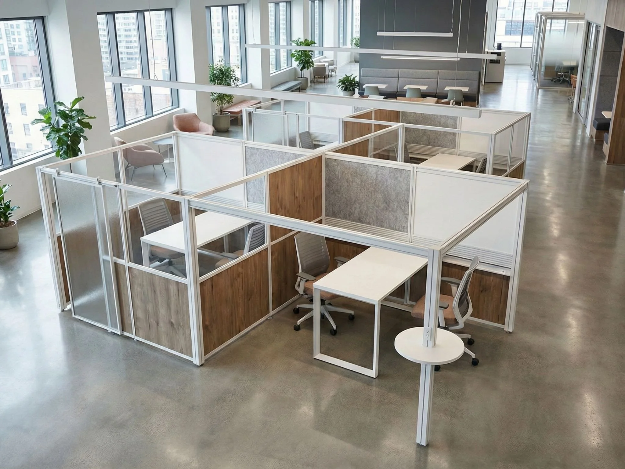 An open-plan office with glass windows, cubicles, and potted plants.