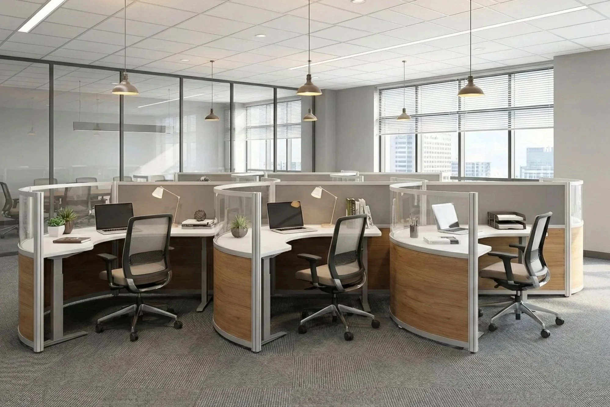 Modern open-plan office with circular cubicles, multiple computer monitors, chairs, office supplies, large windows with blinds, and pendant lighting.