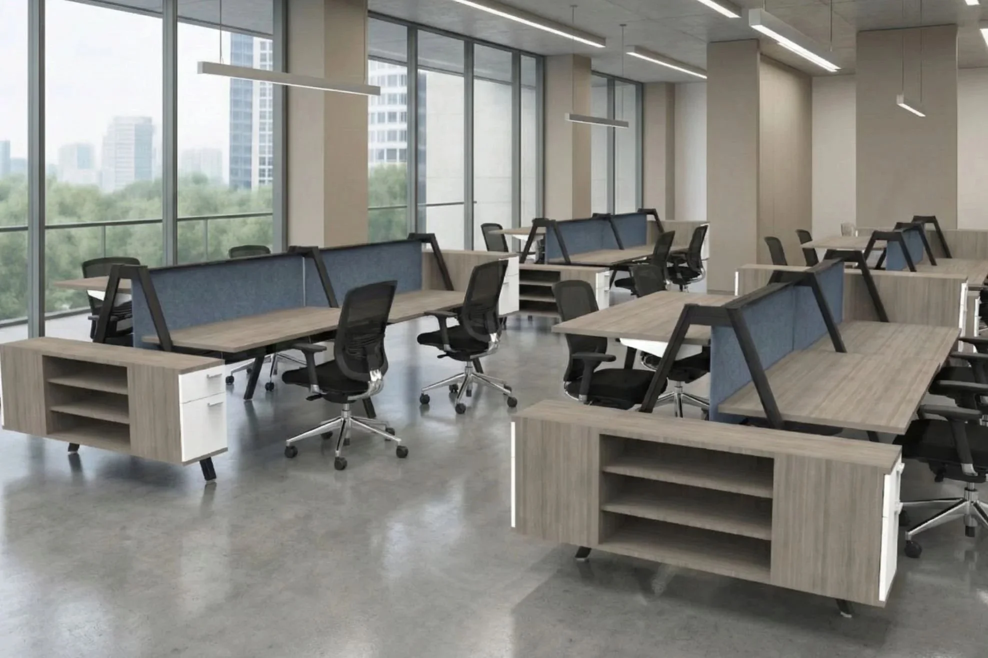 Modern office space with rows of work desks, black chairs, and large windows showing a cityscape with trees and high-rise buildings.