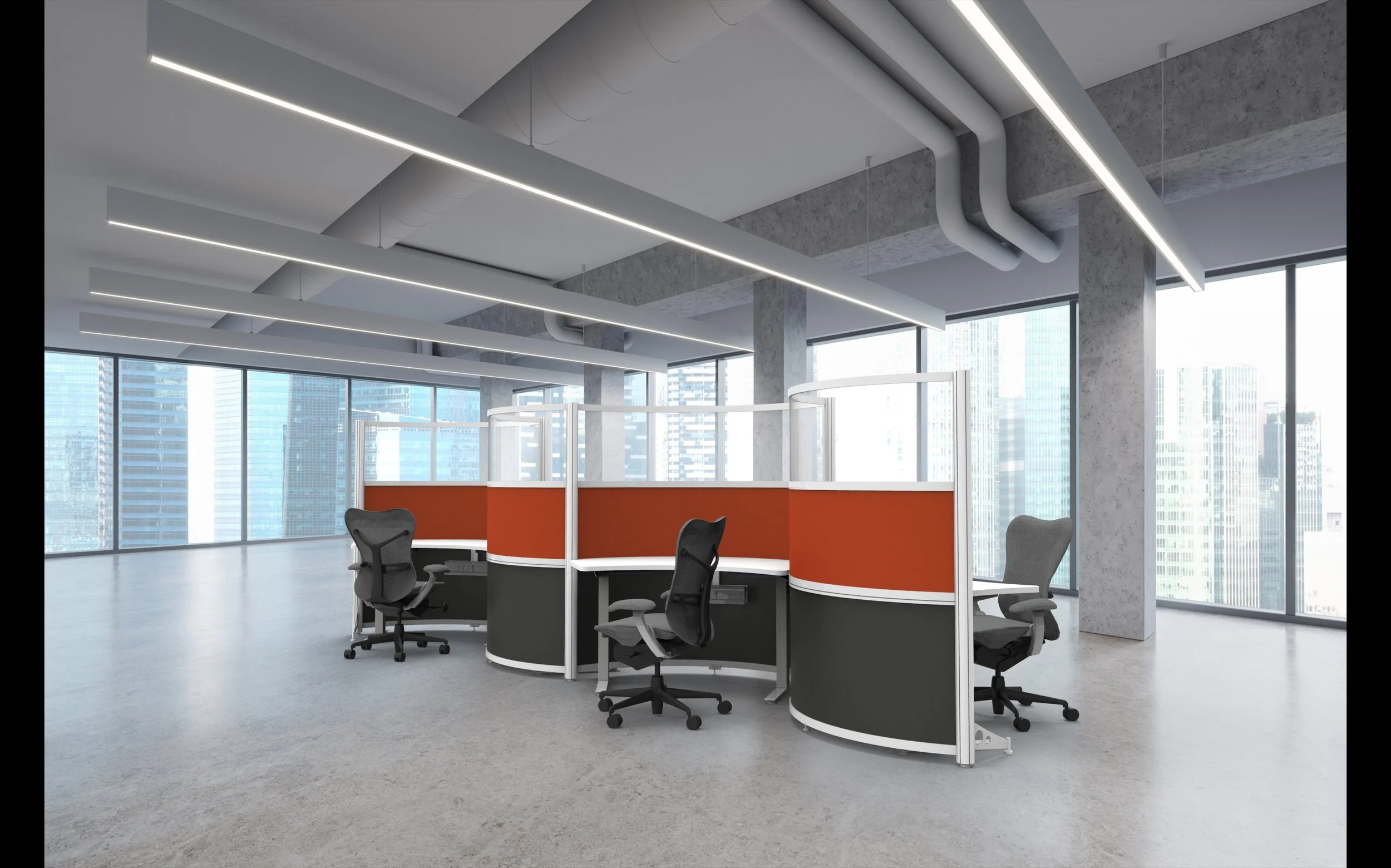 Empty modern office with glass windows, office chairs, and colorful privacy dividers in a high-rise building.