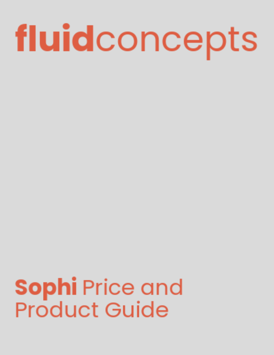 Cover page of a product and price guide by Fluidconcepts and Sophii, featuring large red text on a light gray background.