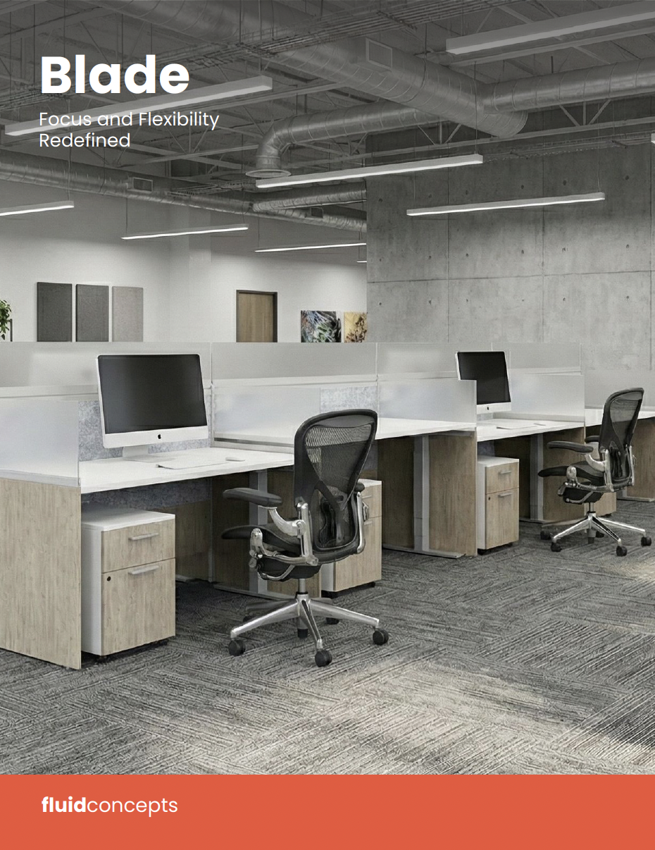 Modern office workspace with two desk stations, each equipped with a computer monitor, ergonomic chair, and under-desk storage drawers. The background features exposed ceiling ductwork and a concrete wall.