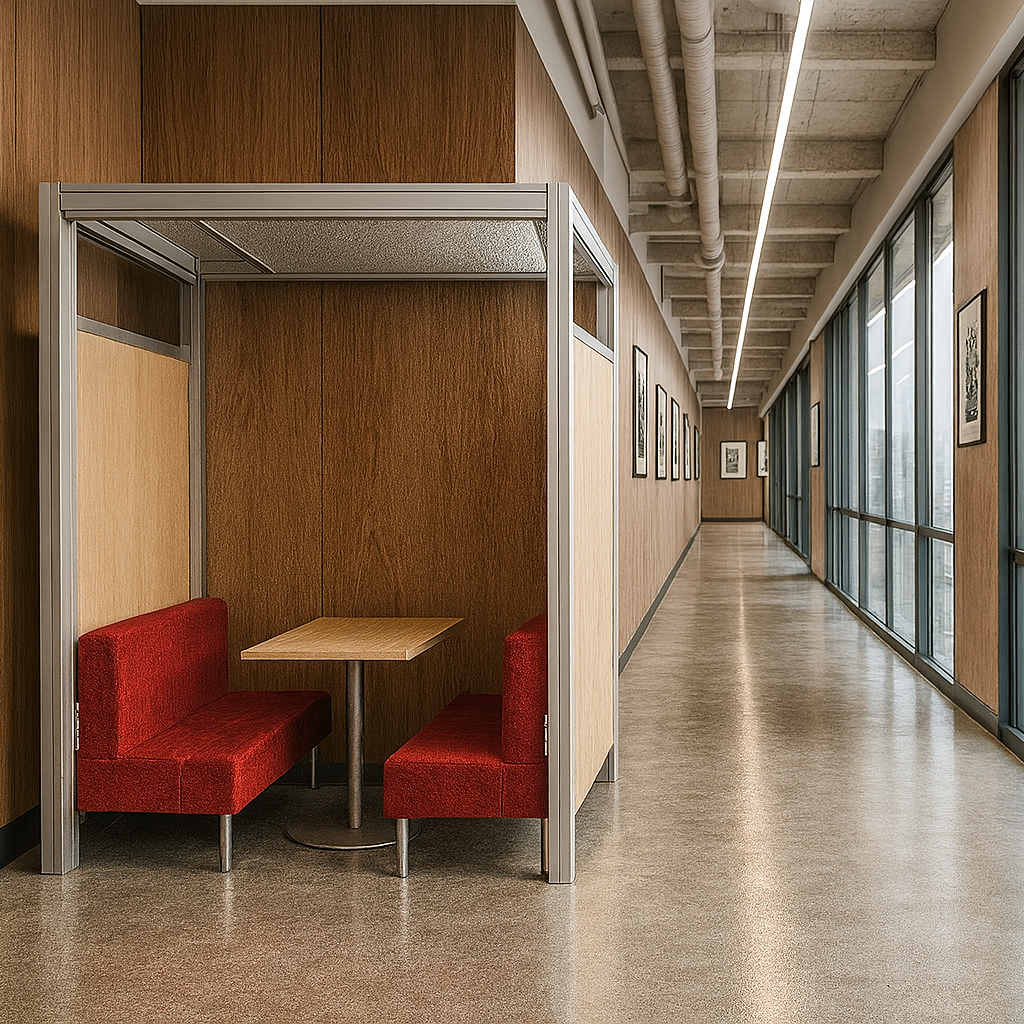 An empty private booth with red upholstered seats and a wooden table, located in a modern hallway with large windows and framed artwork